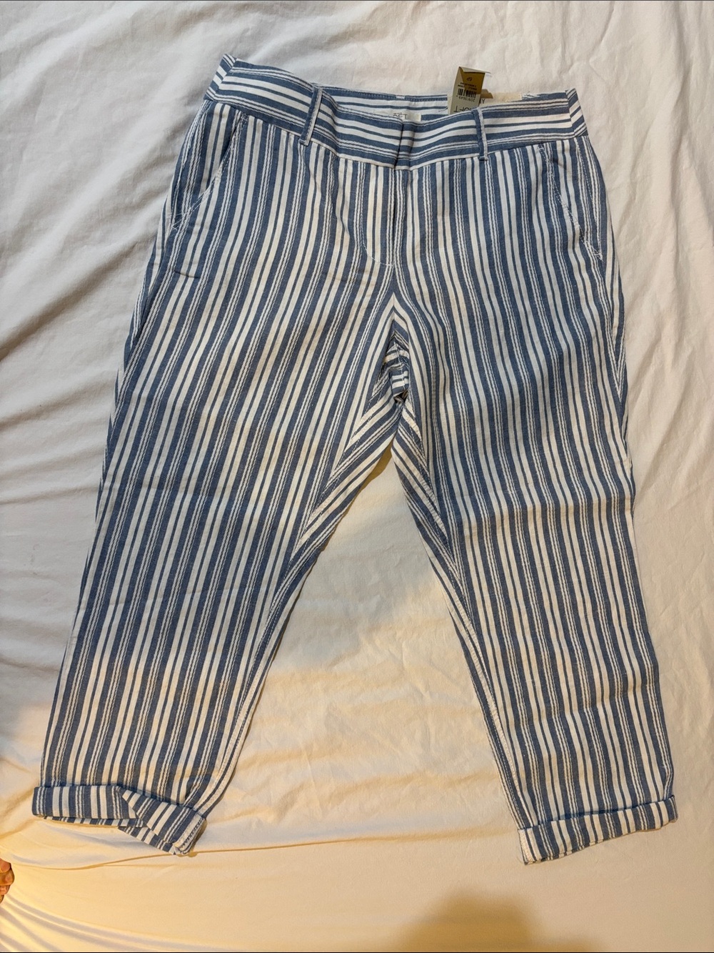 LOFT Striped Blue and White Cropped linen blend Pants 6petite NWT